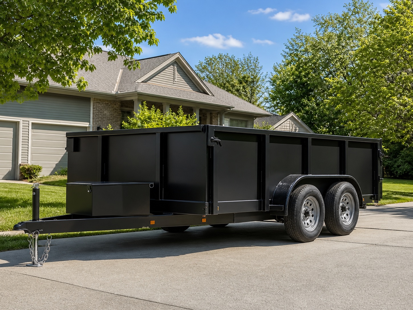 Black dumpster trailer parked in a residential driveway