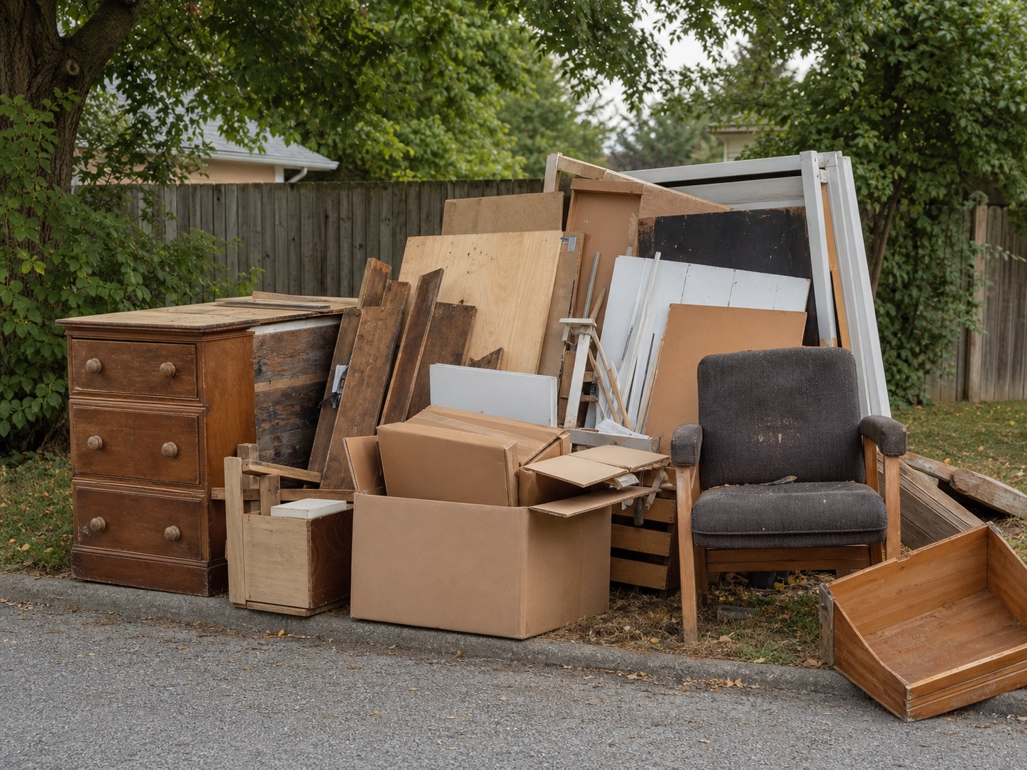 Organized household and remodeling debris ready for removal